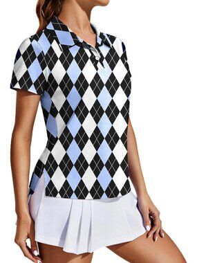 Women's Black Blue Plaid Golf Shirt UPF50+ Polo Short Sleeve 3 Button Tennis Top